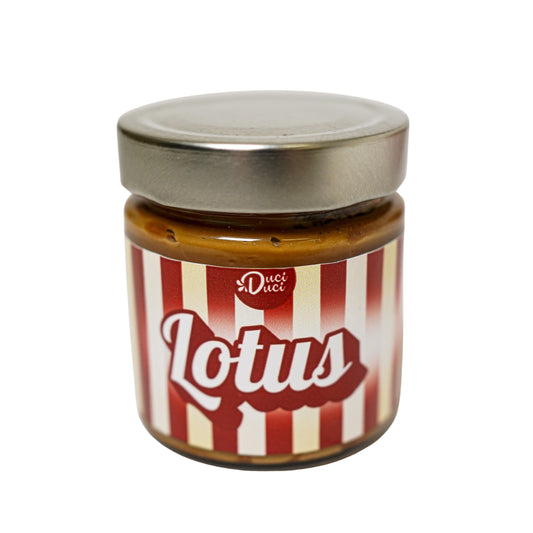Small glass jar of Duci Duci Lotus spread with red and white striped label and silver lid