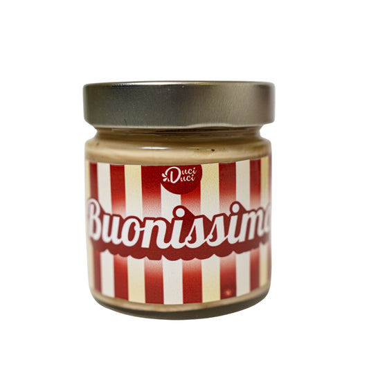Small glass jar of Duci Duci Buonissimo spread with red and white striped label and metal lid