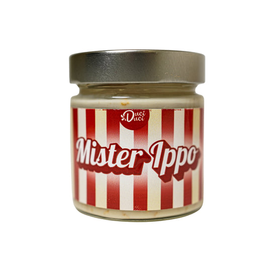 Glass jar with silver lid labeled Mister Ippo with red and white striped design