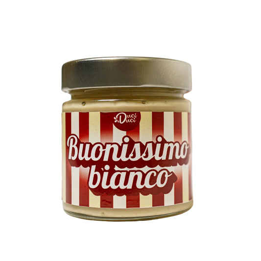 Glass jar of Buonissimo Bianco cream with red and white striped label and metal lid
