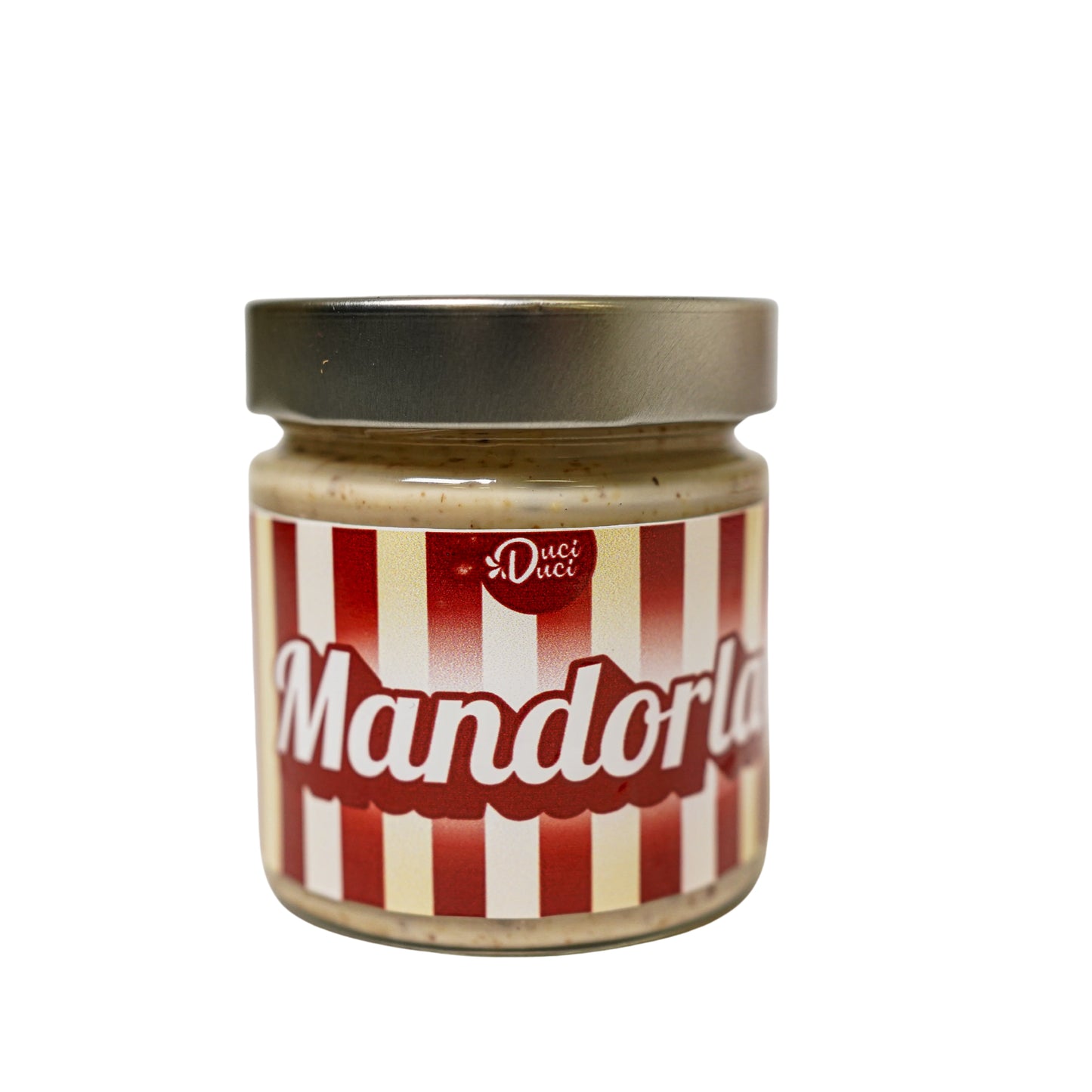 Jar of Duci Duci Mandorla almond spread with red and white striped label and silver lid