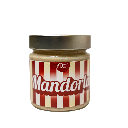 Jar of Duci Duci Mandorla almond spread with red and white striped label and silver lid