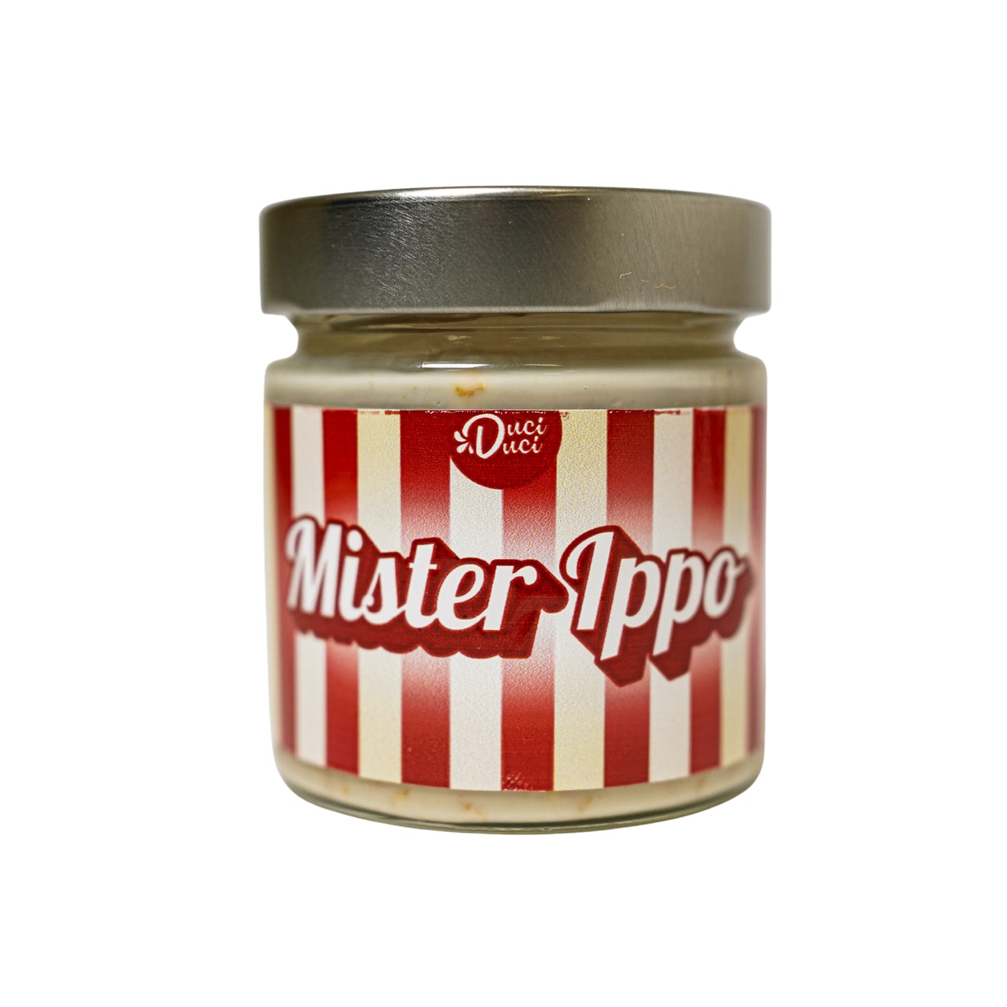 Glass jar with silver lid labeled Mister Ippo with red and white striped design
