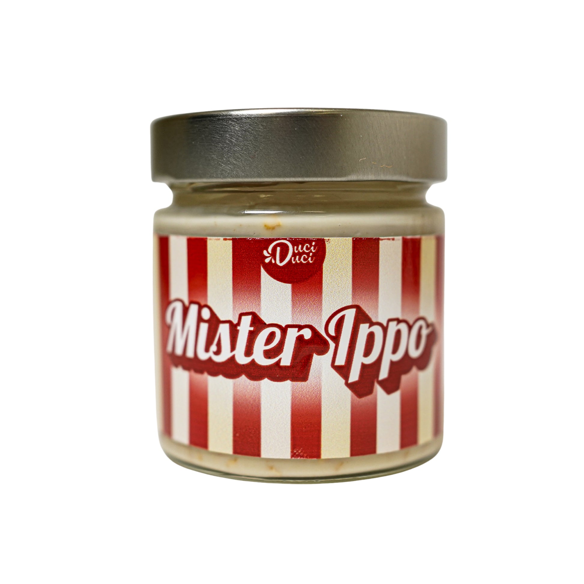 Glass jar with silver lid labeled Mister Ippo with red and white striped design